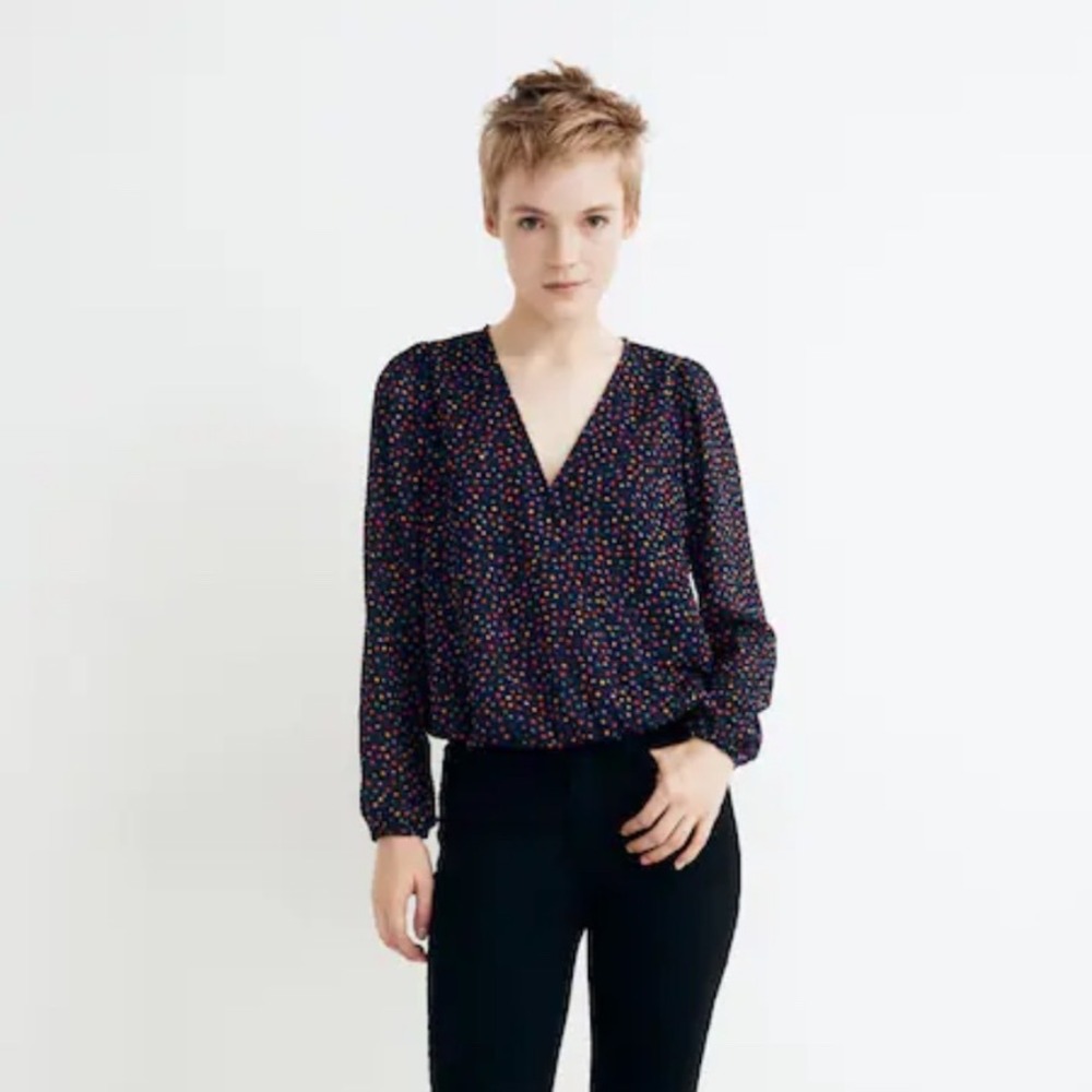 Madewell Lyric Wrap Top in Sugar‎ Dot Confetti Dot Dark Nightfall Small